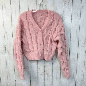 Women's Pink Cable Knit Cropped Cardigan Sweater Button Front V Neck Size M